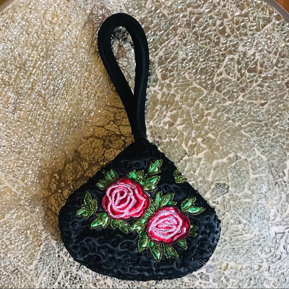 Vintage satin beaded and embroidered clutch